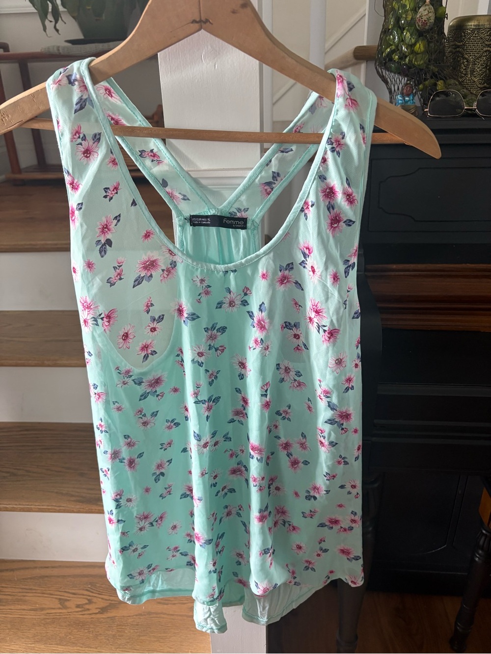 La Femme Mint Floral Cross-Back Tank Tunic with Pink & Navy Accents